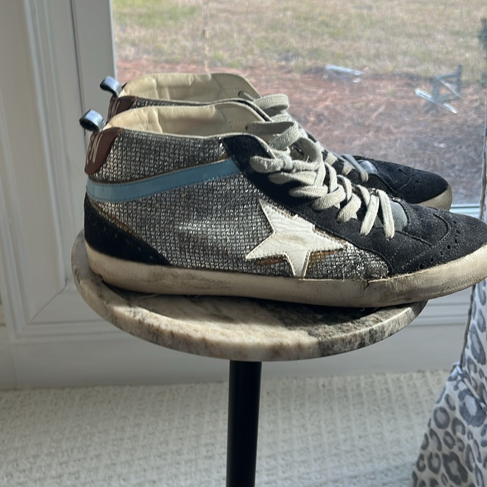 Golden Goose Mid/Star navy suede and silver sparkles size 9
